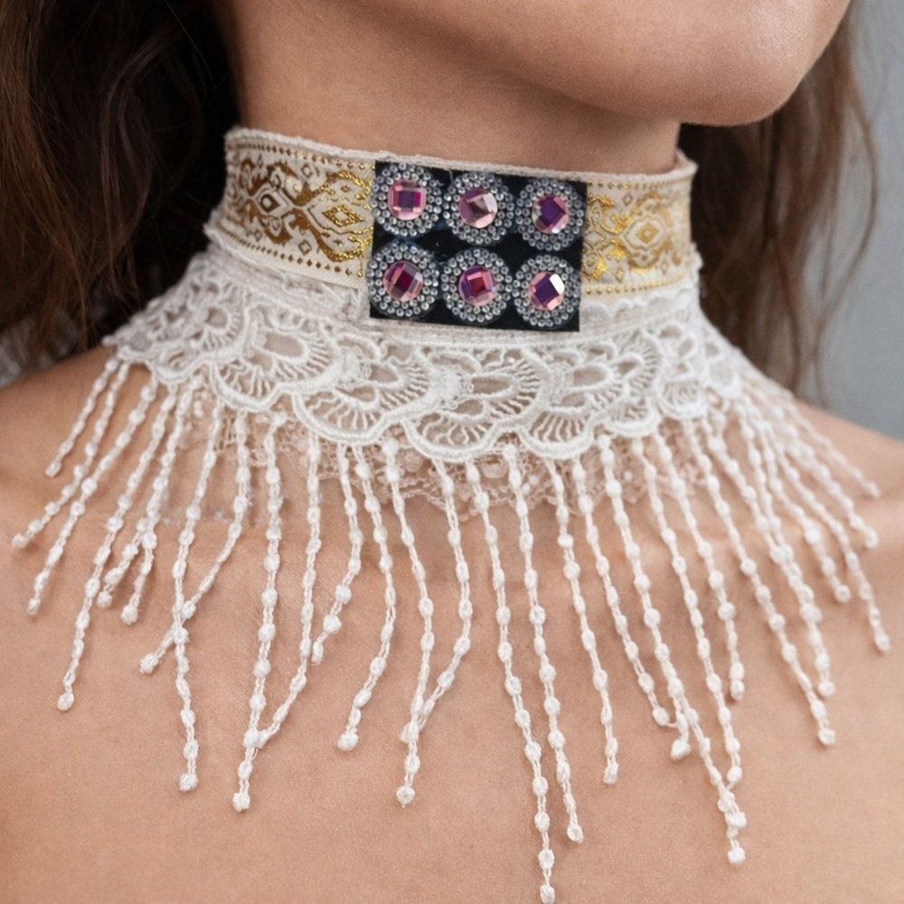 Artisan OOAK Handmade Fringe Choker Denim back ✨ Feminine Lace Necklace Bridal
